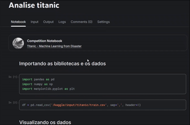 GIF demonstrando o caderno virtual com o código da análise
